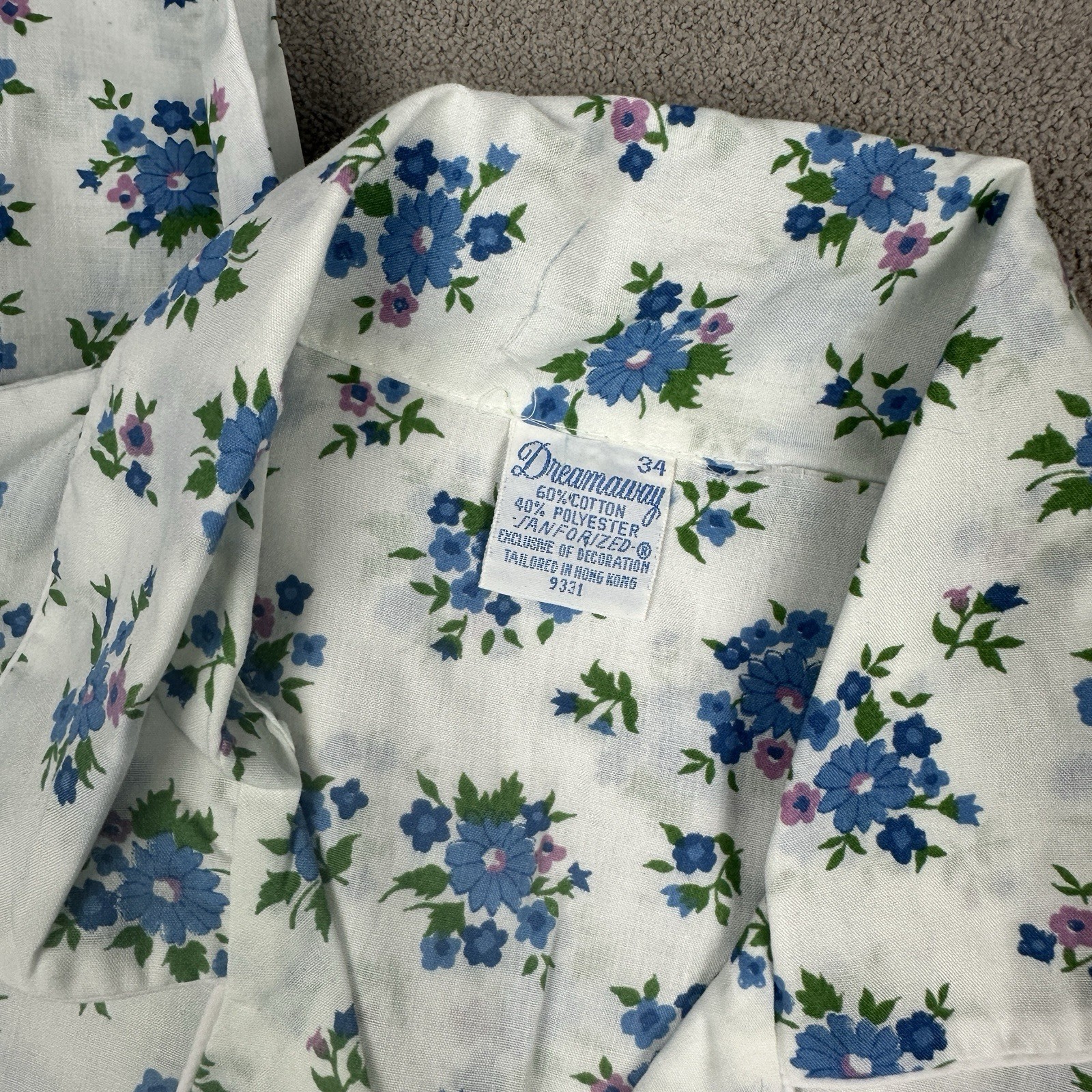 Vtg Dreamaway Pajama PJ Set Top & Pants Blue White Flowers Sanforized Sz 34