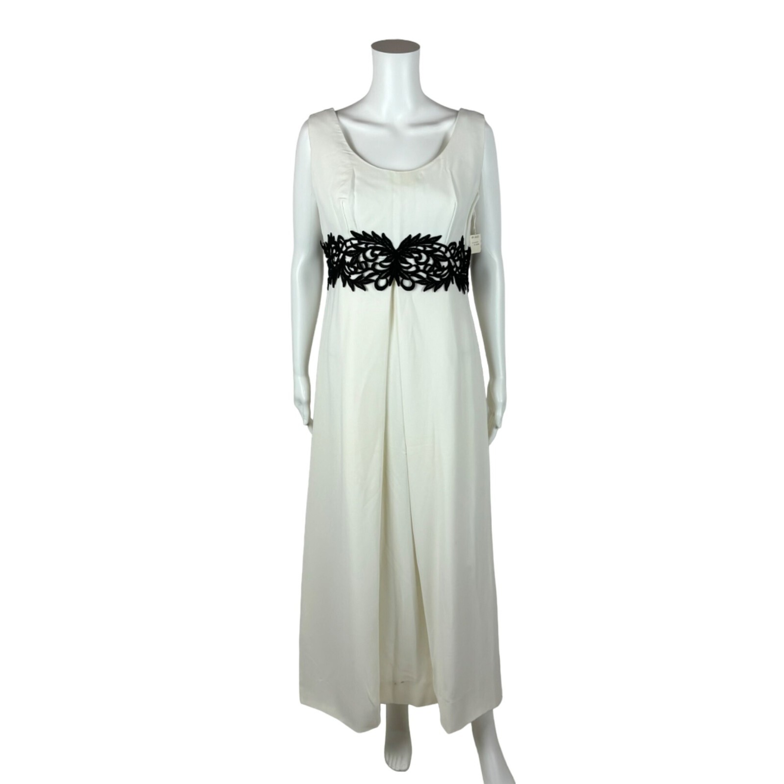 Vintage 60s Evening Dress Women’s Large White Princess Gown Black Embroidery