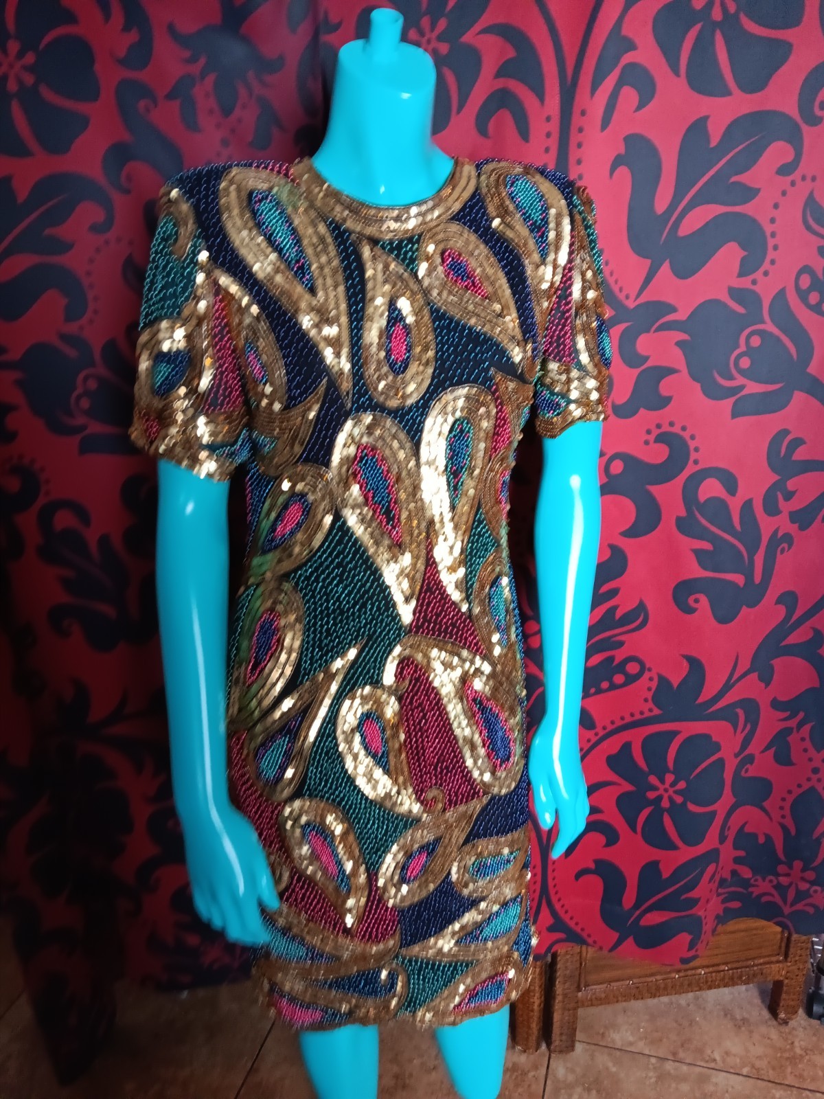 Vintage Sweelo Dress Sm Beaded All Over Gold Multi Color 100% Silk Y2k Glam Boho