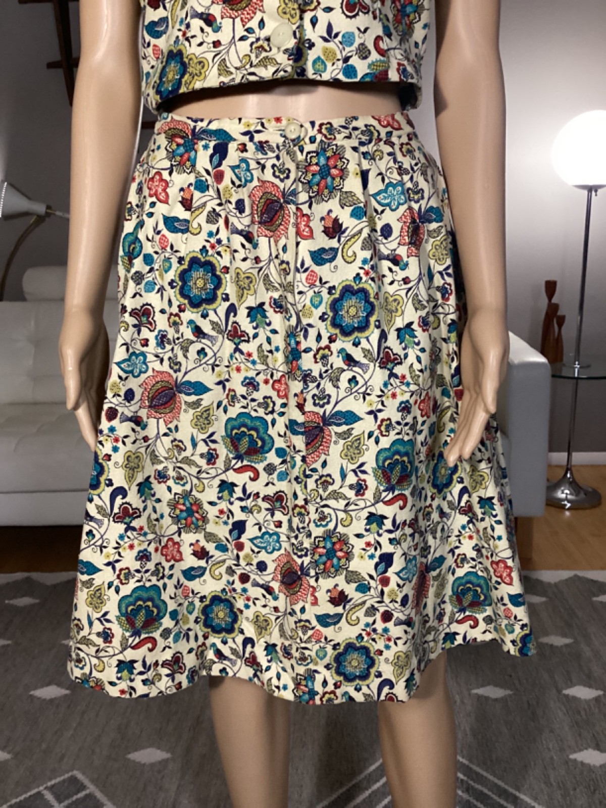 Vintage 60’s 70’s Garland Cotton Floral Bird Print Skirt & Top Set Boho Hippie