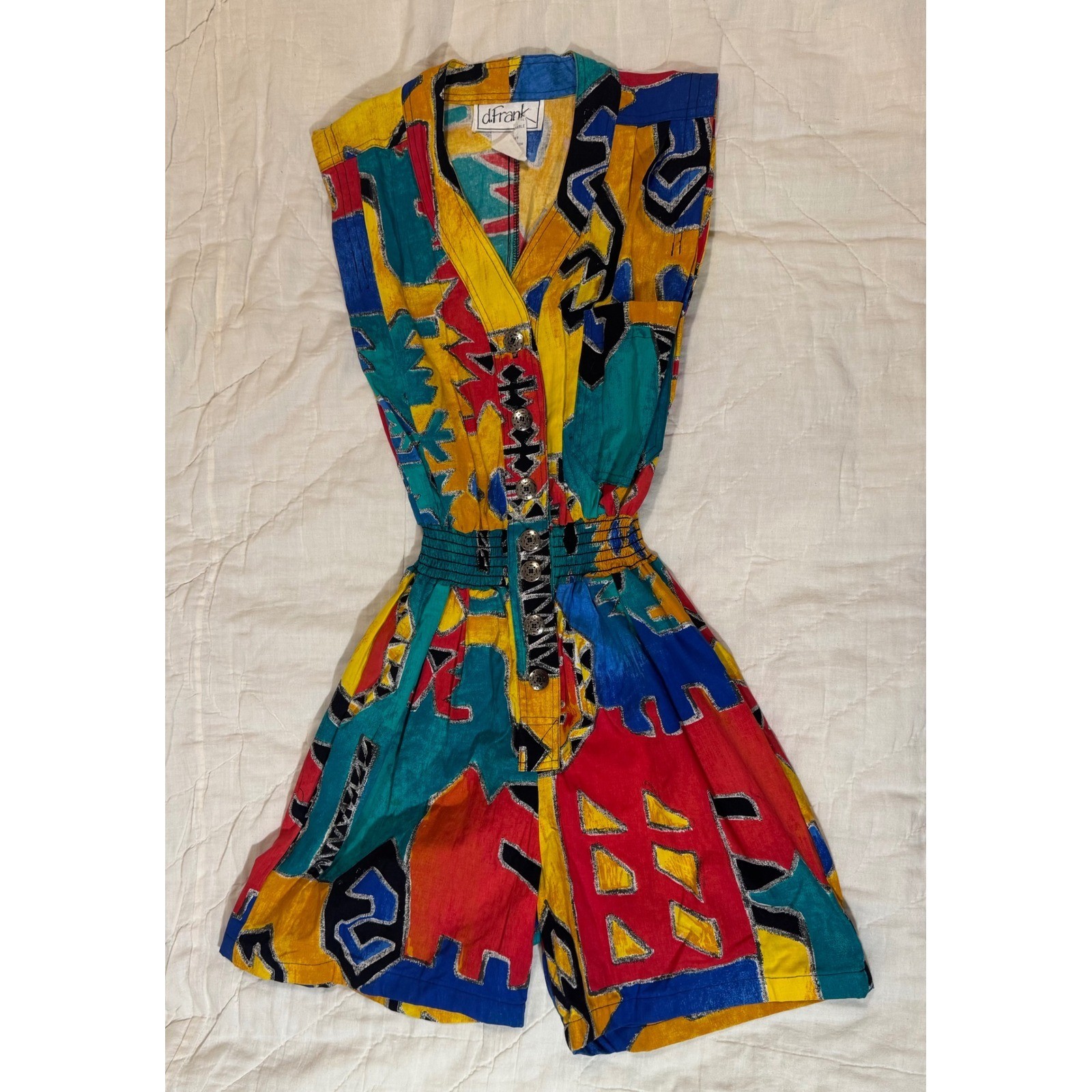 Vintage d.Frank 80s Geometric Primary Color Button Front Cotton Romper Size 8