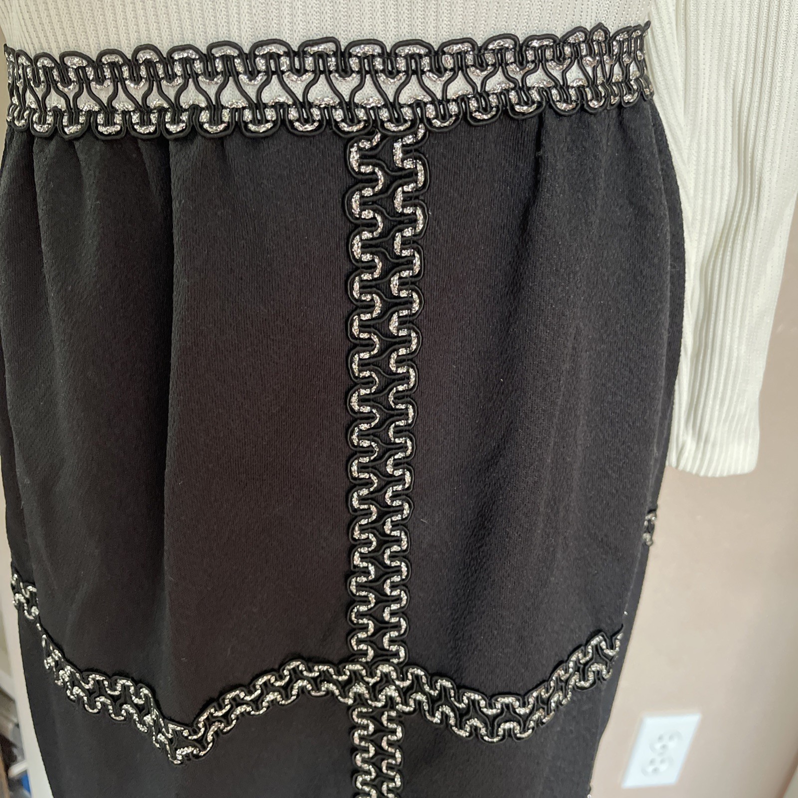 VTG 60s Black White Longsleeve Gown With Embellished Silver Trim Holly Golightly