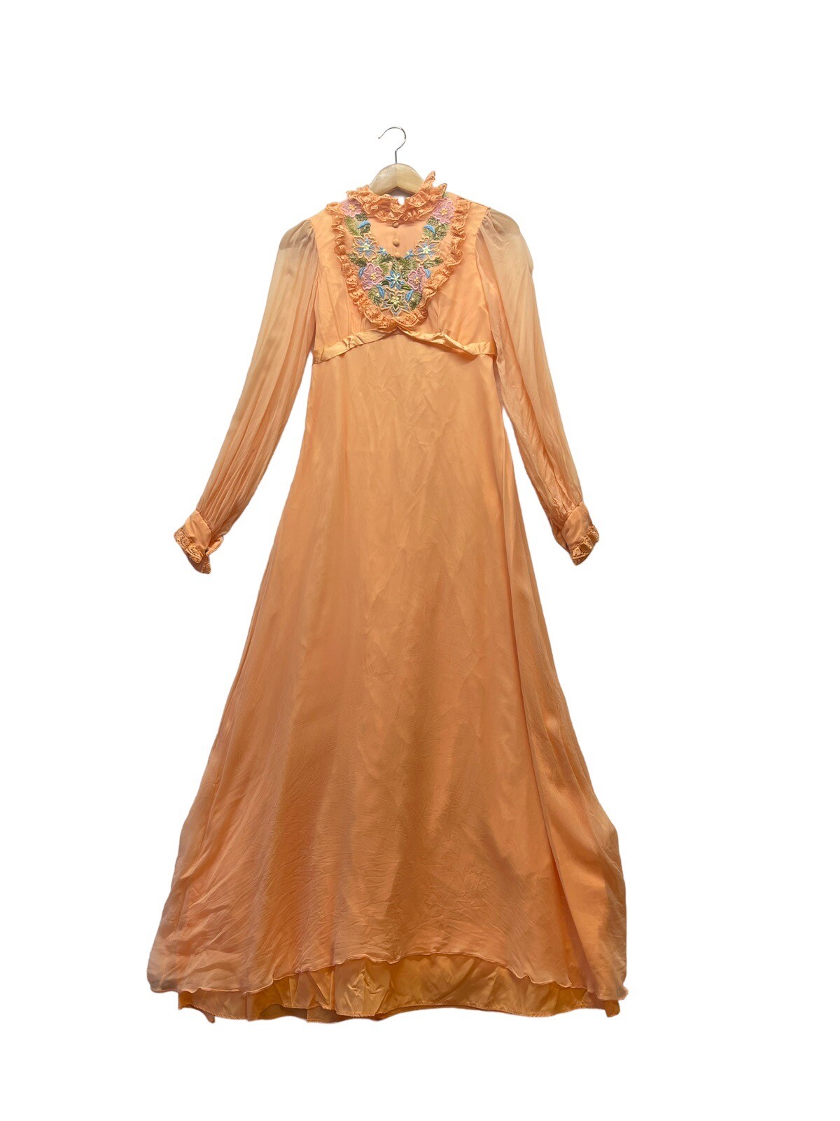 VINTAGE Orange Peach Floral Embroidered 70s MAXI GOWN DRESS See Measurements Vtg
