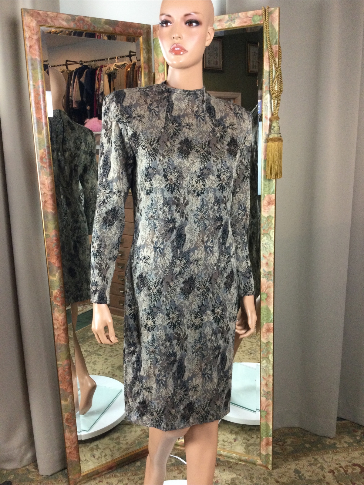 Vintage 80s Sweater Knit Brown Grey Padded Shoulder Dress Bodycon L/S Sz 11