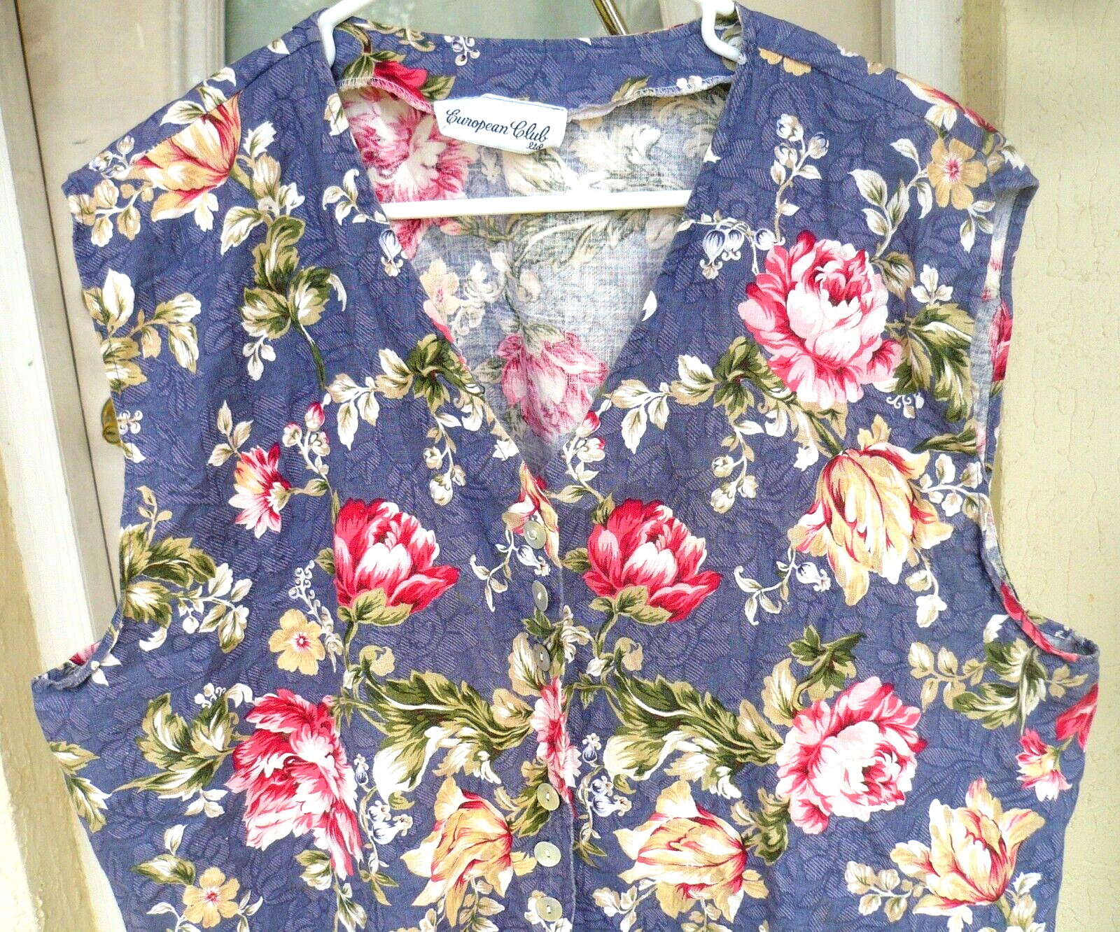 VTG 90S EUROPEAN CLUB 2X RED FLORAL COTTAGECORE COTTON POLY BLUE VEST TOP WOMEN