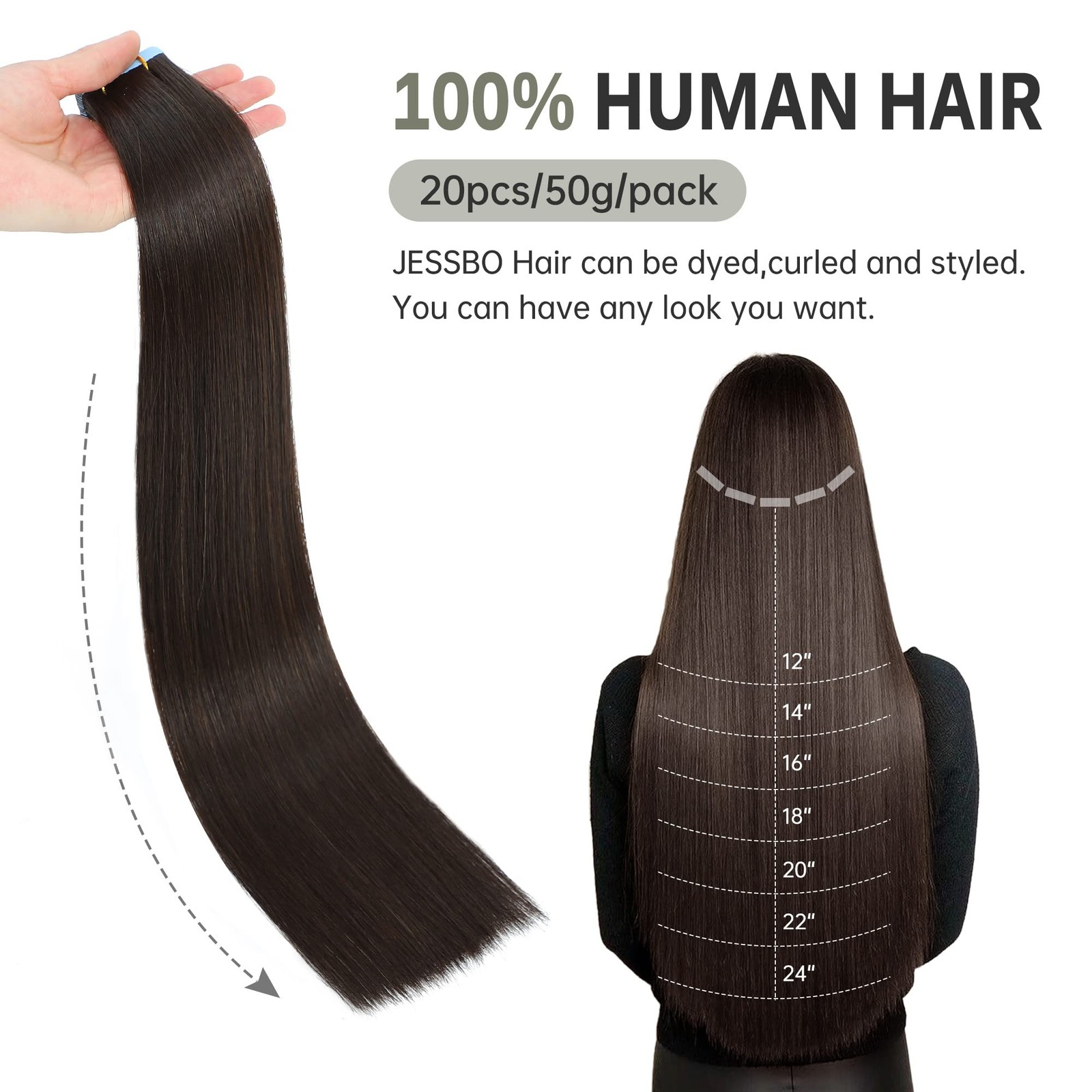 JESSBO Tape In Human Hair Extensions Straight Dark Brown 100% Real