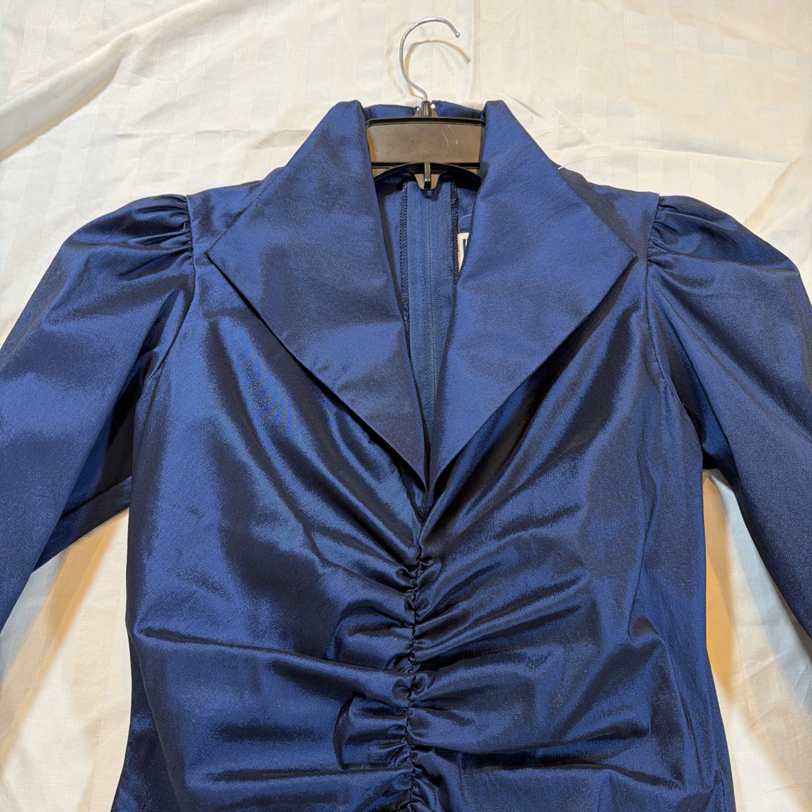 Vintage 80s Tadashi Shoji Blue Ruffle Long Sleeve Blouse Sz 6 Rear Zip Chic Glam