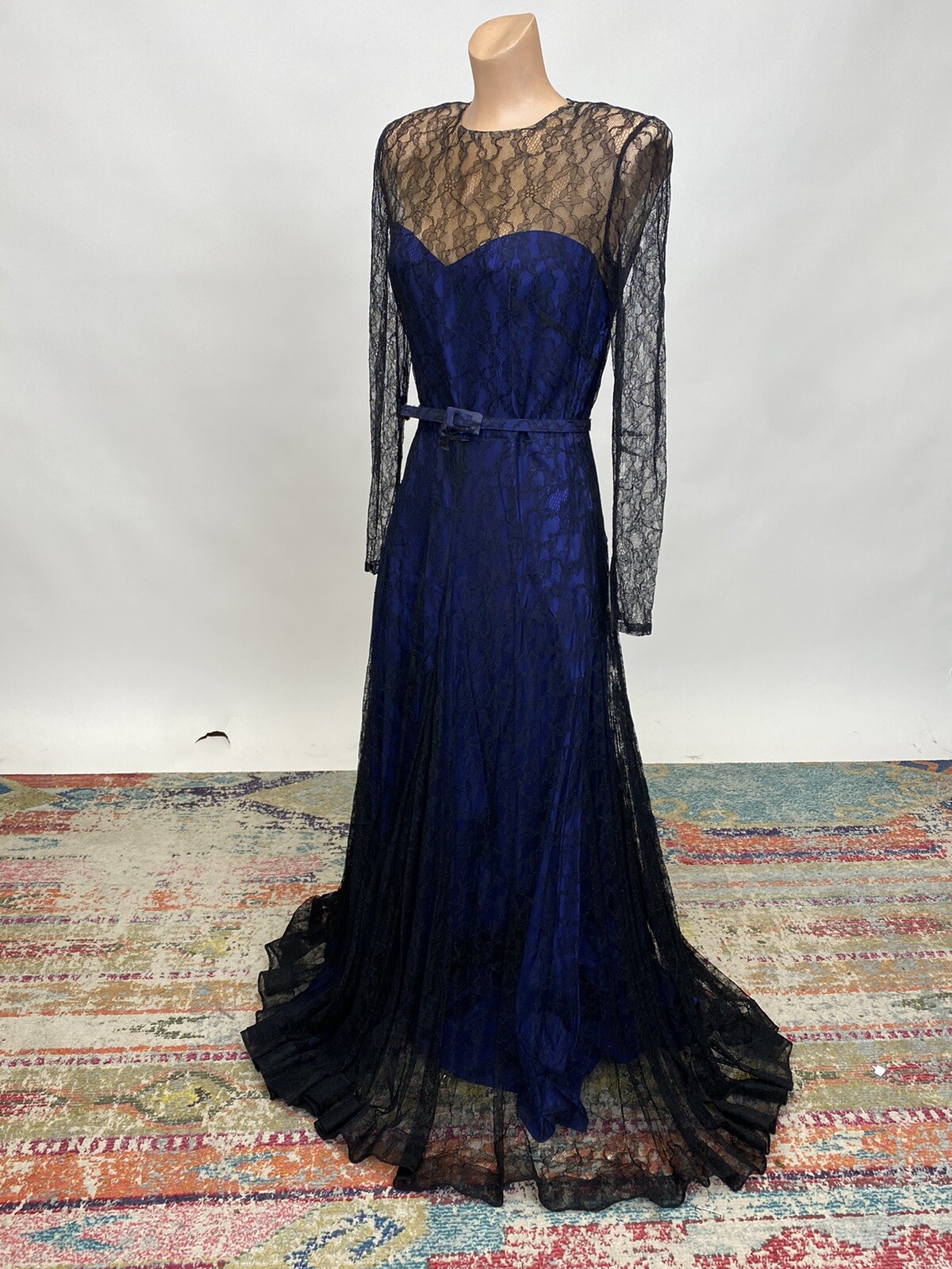 Antique Vintage 1940s Black & Blue Silk Chiffon Lace Bias Cut Full Length Gown
