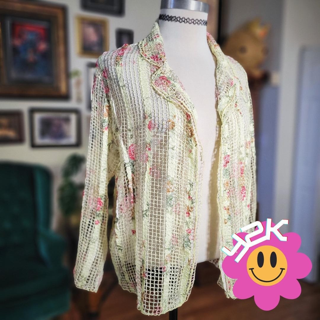 Demisienne Lace Cardigan Vintage Y2K Floral Mesh Sheer Jacket Yellow Boho Large