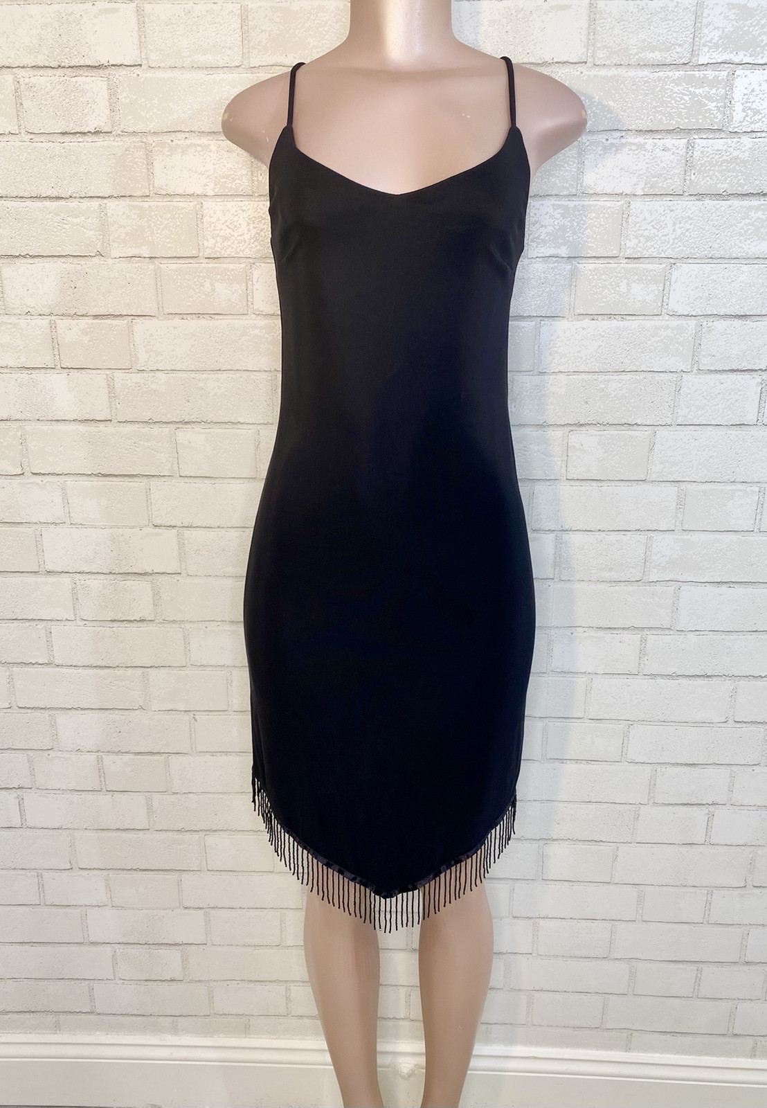VTG 90’s Y2K Black Bead Fringe Asymmetrical Party Wedding Prom Dress Whimsigoth