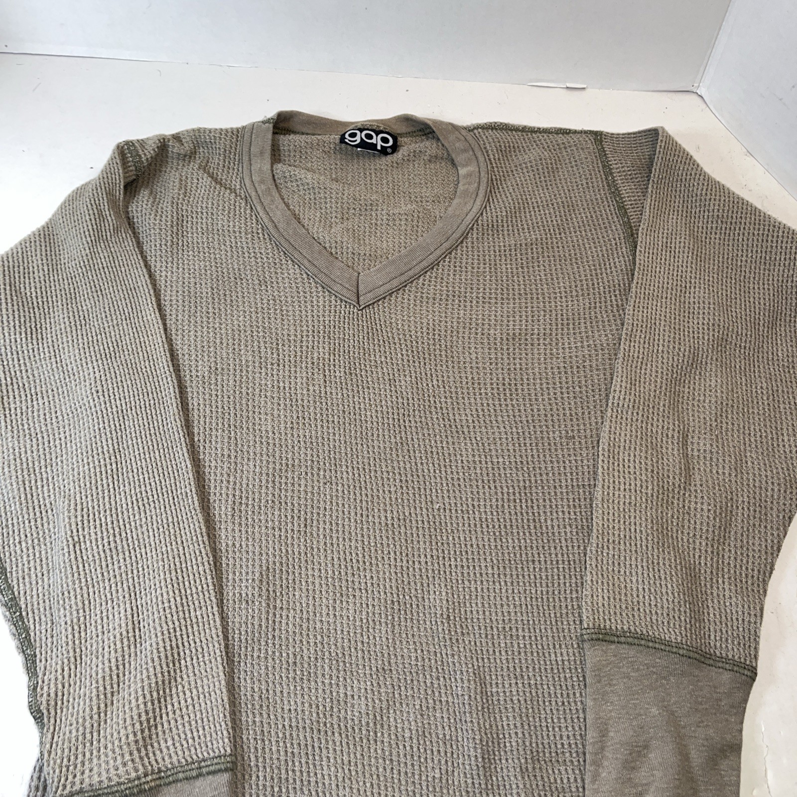 Gap Waffle/Thermal Shirt Olive Medium Long Sleeve V Neck, Vintage 1980