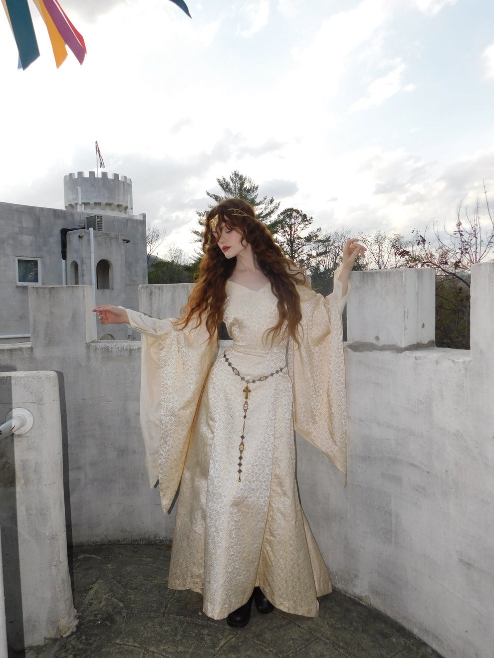 1930s Vintage Spanish Silk Gold Embroidered Medieval Brocade Gown