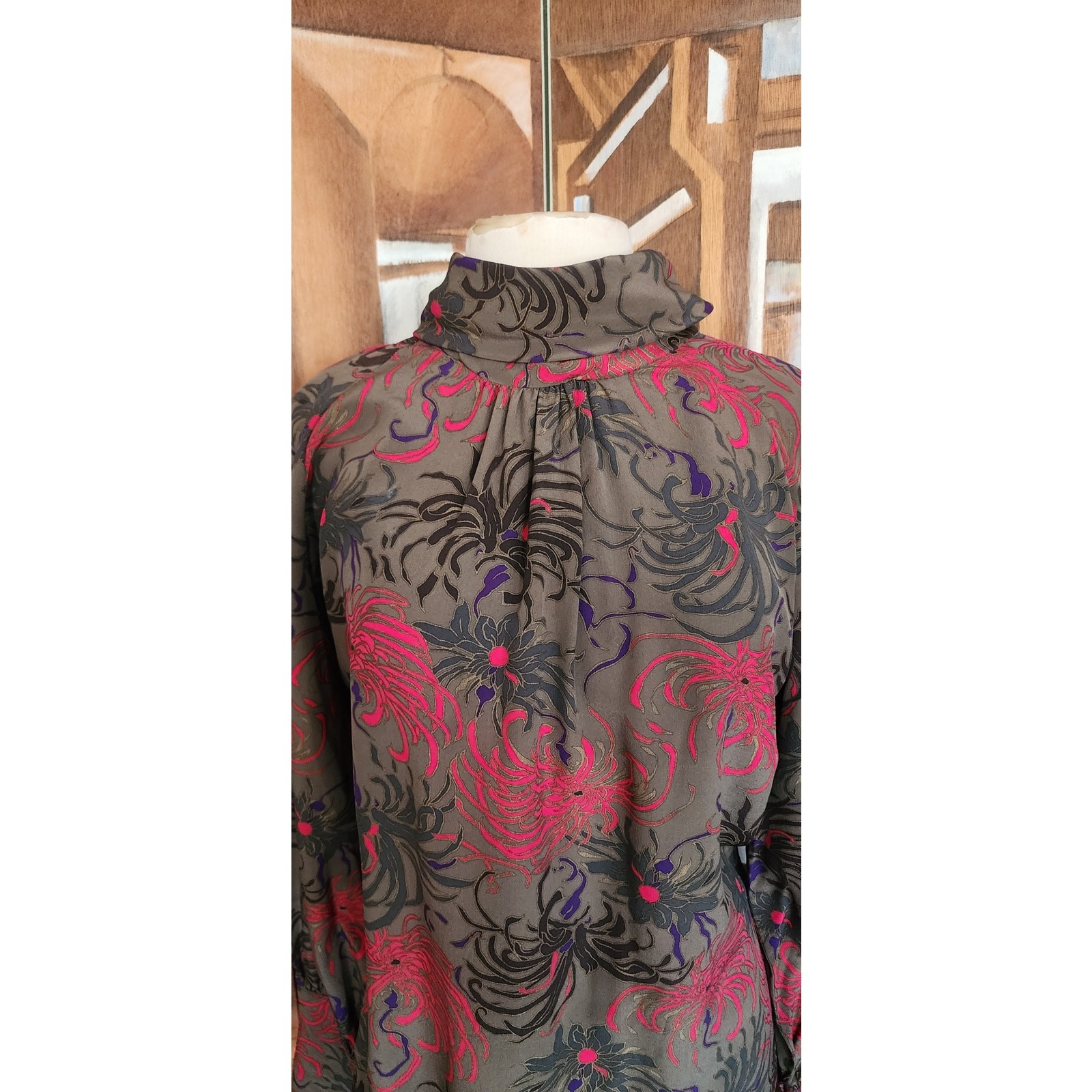 Vintage 80s CHLOE LAGERFELD Blouse Dark Floral Silk Blouse Long Sleeve Large