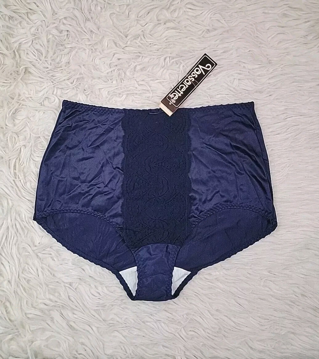 Vintage Vasarette Size 5 Granny Panties Nylon Navy Blue Lace Panel Semi Sheer I