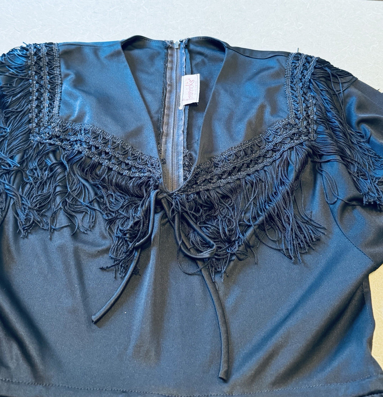 Vintage Frederick’s of Hollywood Black Fringe Disco Jumpsuit Wide Leg Boho S/M