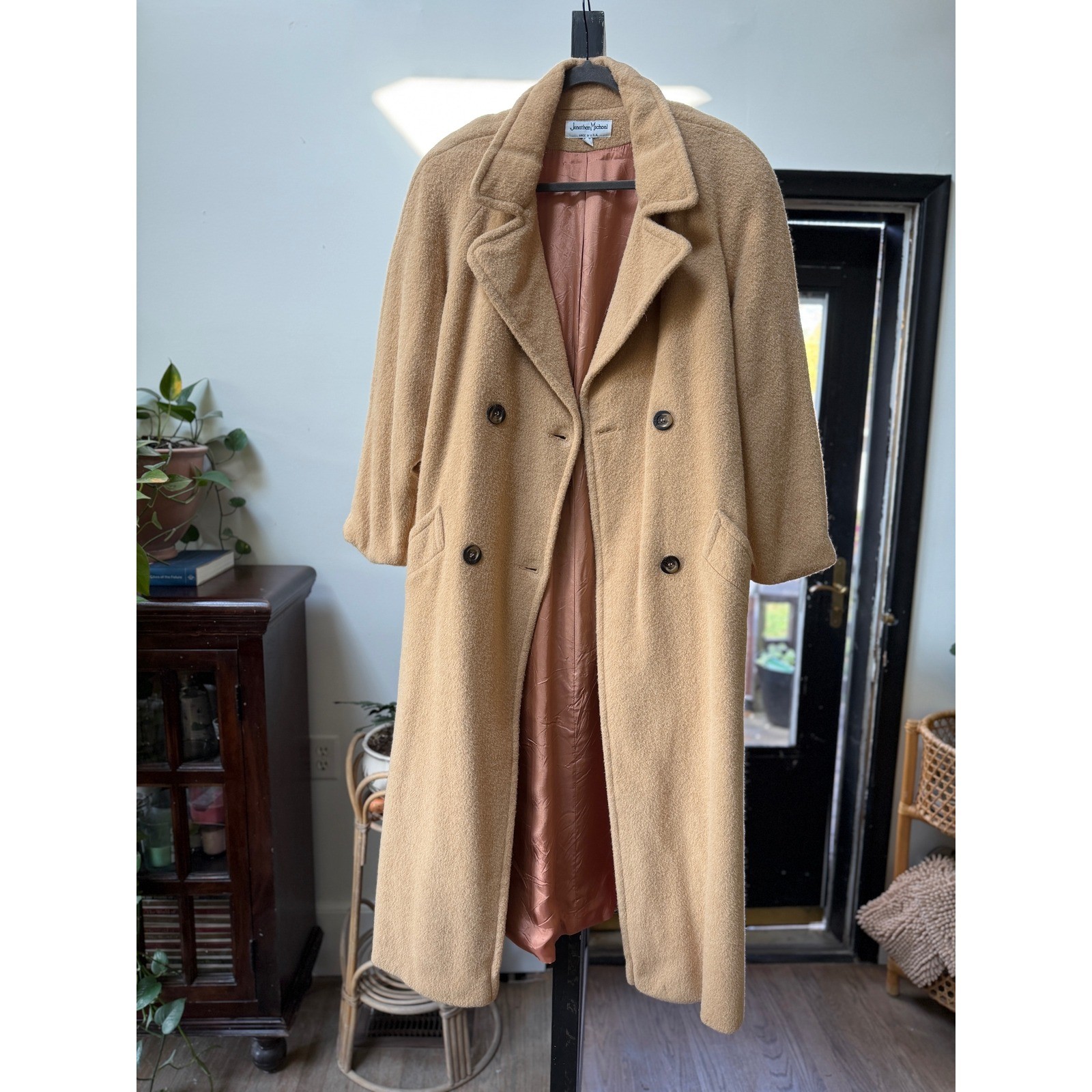 Vintage 100% Camel Hair Double Breasted Coat Womens Belted Long Tan Winter Coat