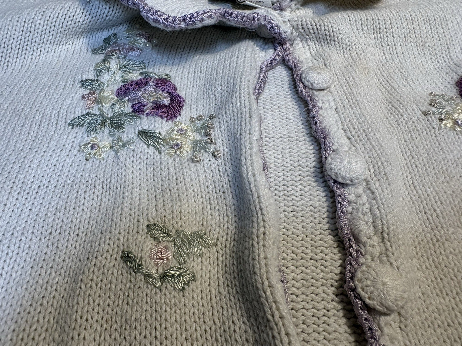 Vintage 90s Jenny White Knit Cardigan Purple Floral Embroid Grannycore Women’s L