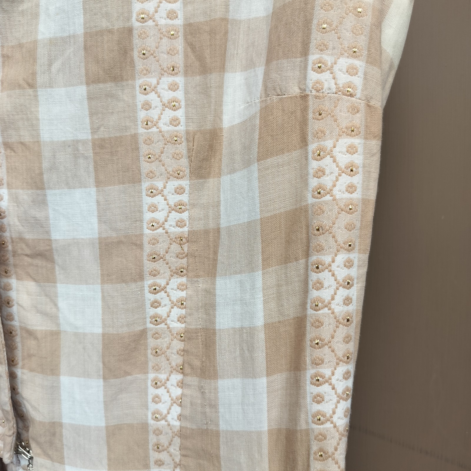 Vintage Serbin of Florida Classic Tan Checkered Shirt Dress Pleats Gold Accents