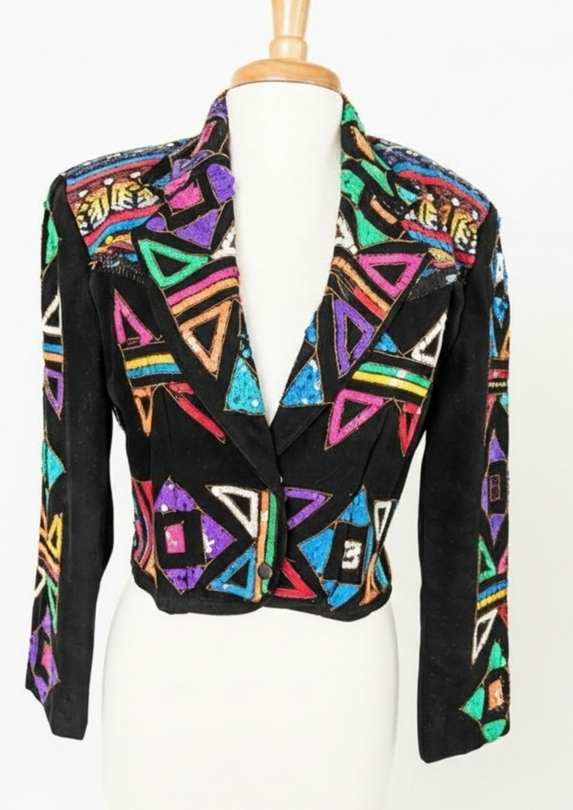 Vintage 1980s Modi Sequin Geometric Blazer Sz S Aztec Tribal Cotton Blend Jacket