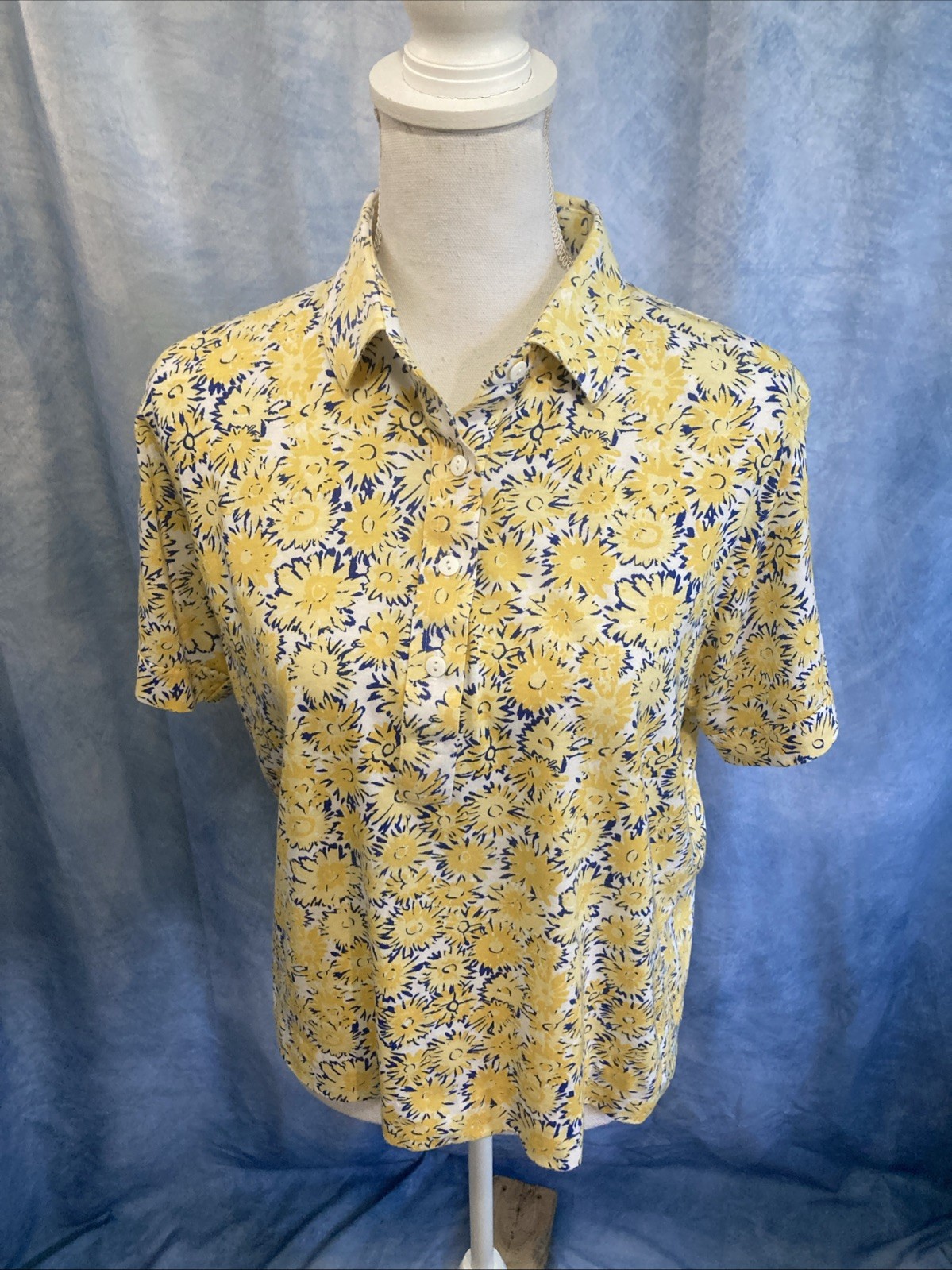 Vtg 80s Leon Levin Polo Shirt Yellow Sunflower Floral Knit Cottagecore Preppy XS