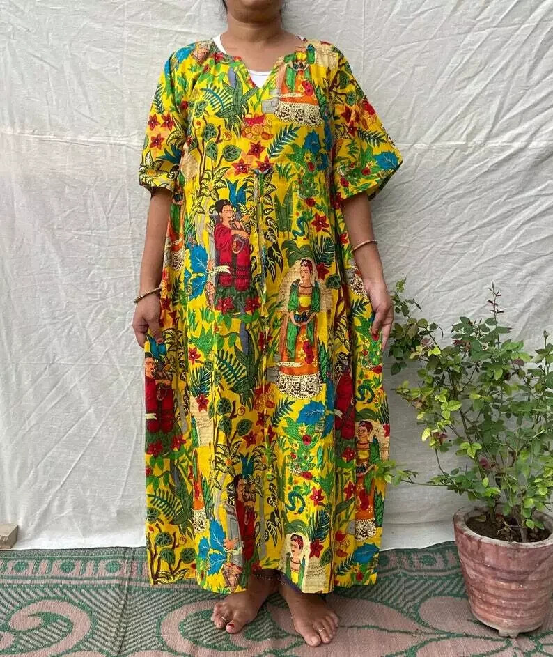 Frida Kahlo Print Women Kaftan, 100% cotton light weight summer Kaftan, beach
