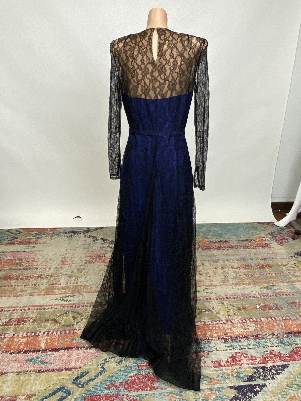 Antique Vintage 1940s Black & Blue Silk Chiffon Lace Bias Cut Full Length Gown