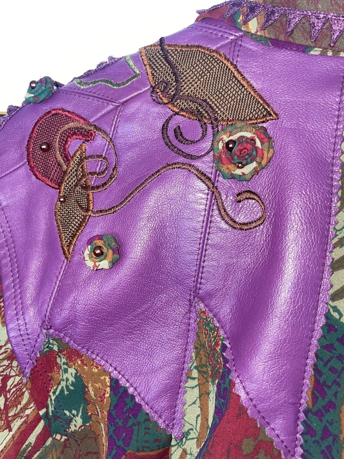 Vintage Marc D’Alcy Blouse Size 2 Abstract Purple Faux Leather Trim Shirt