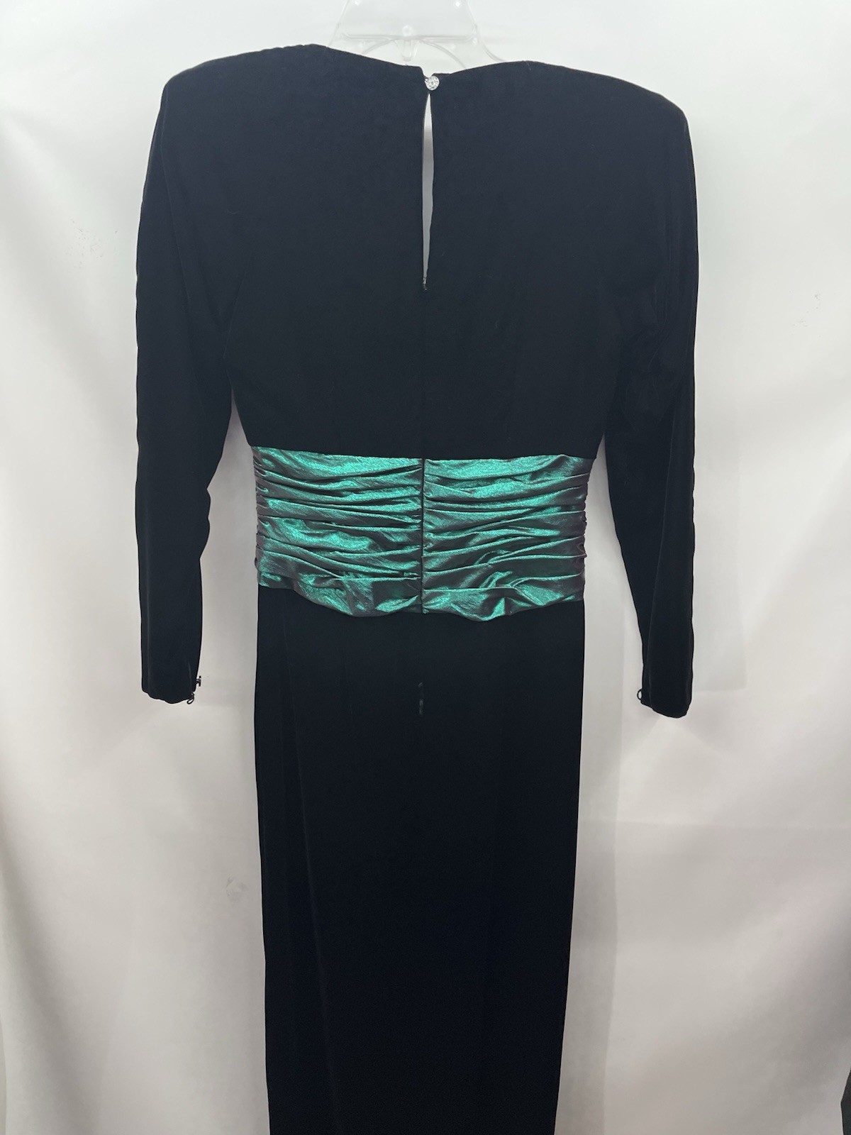 Vtg 80s Black Velvet Green Ruched Waist Long Gown Prom Dress Sz 8 S