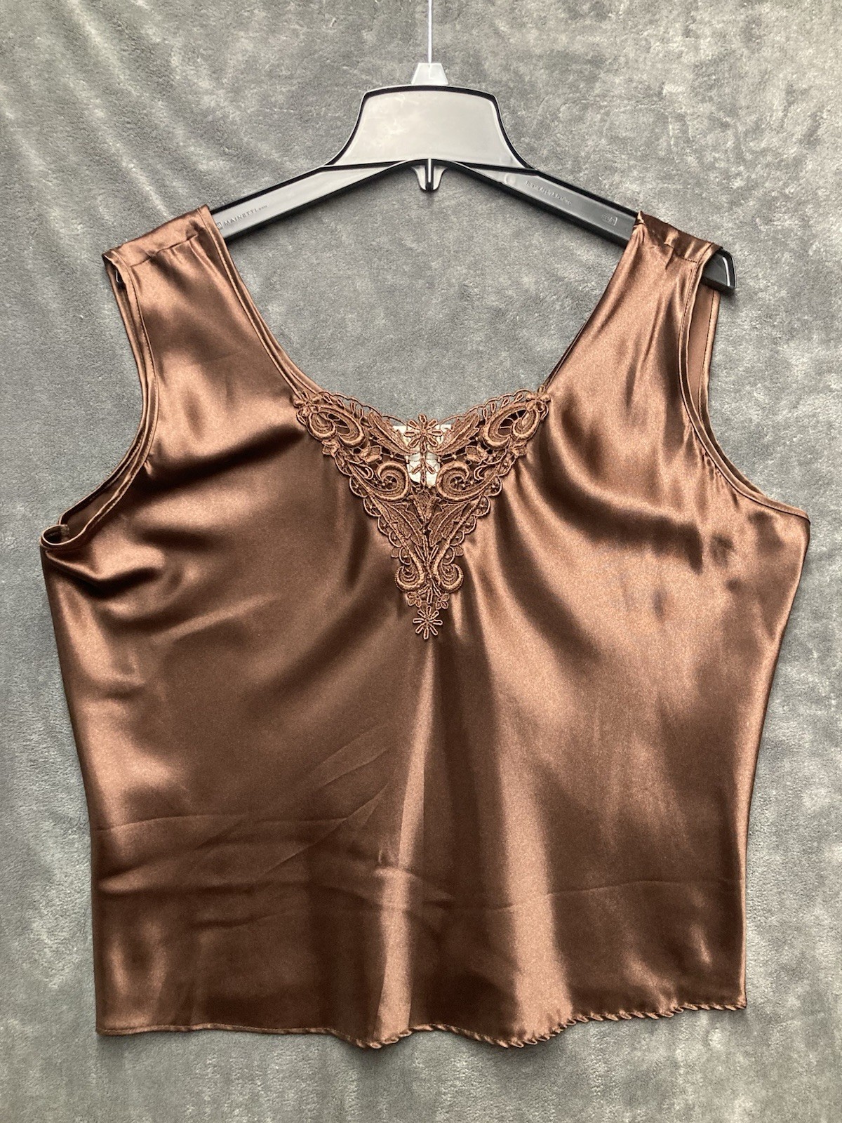 VTG ESCAPADES Coffee Brown Satin Cami Tank Top Applique Lace Forest Fairy USA L