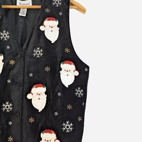 Vintage 90s Westbound Santa Applique Snowflake Holiday Vest Black Medium