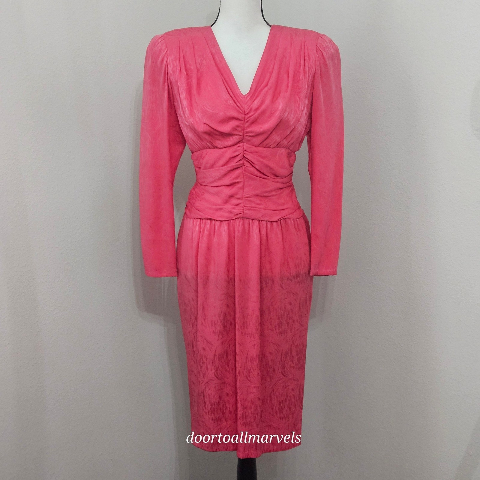 VTG Nora Noh Pink Silk Ruched Dress ’80s Does ’40s sz S Chic Formal Elegant