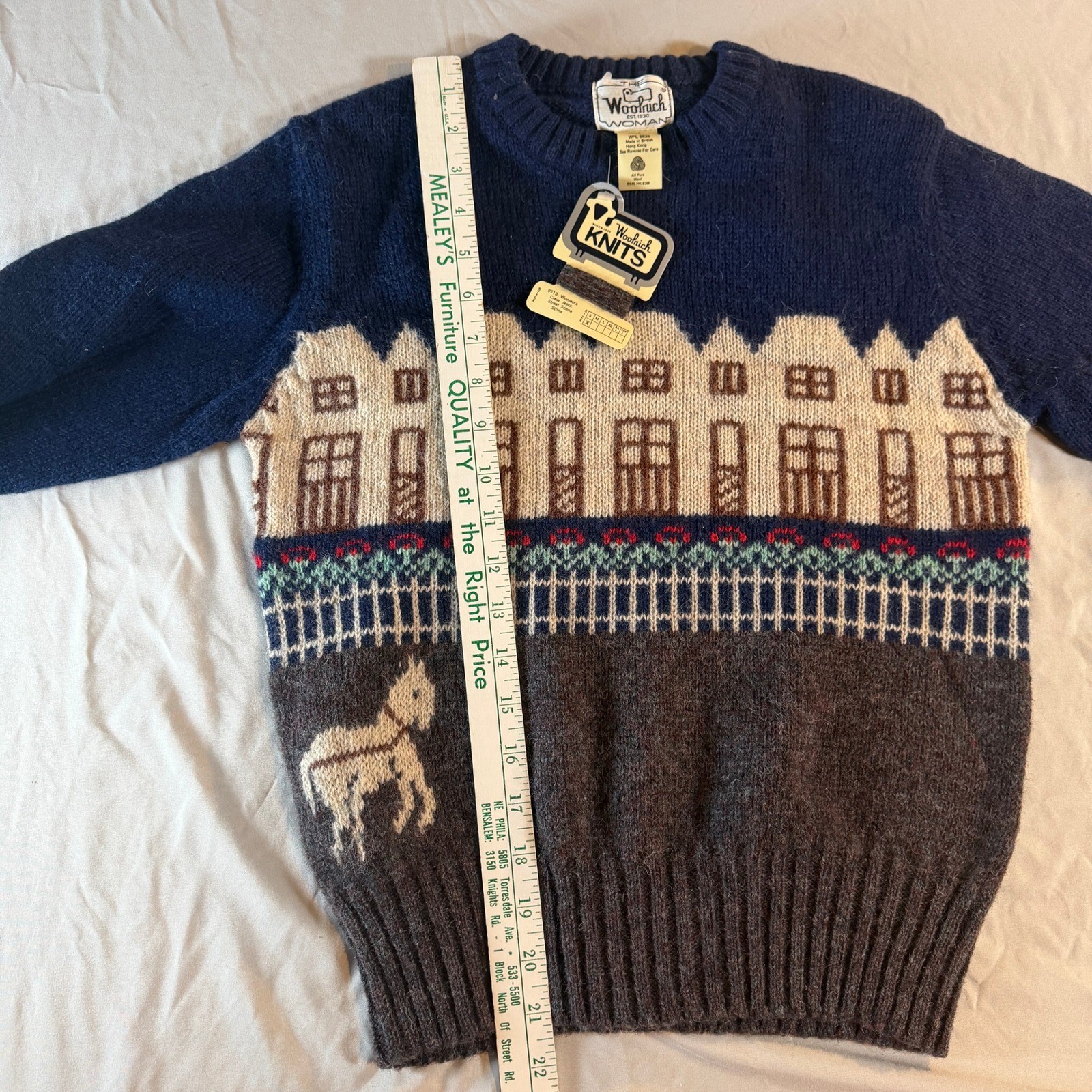 Woolrich Knits 9713 Womens S NWT Street Scene Wool Sweater Navy Gray Vintage