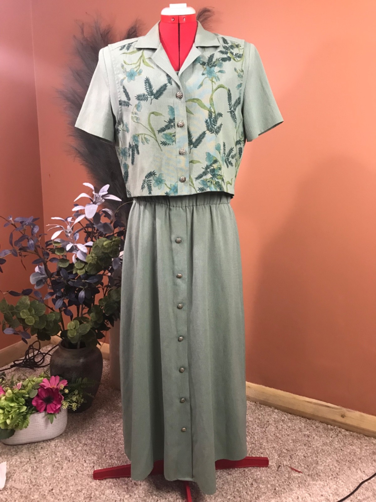 miss dorby green dress floral vest sz 12 cottagecore vntg 90’s homestead
