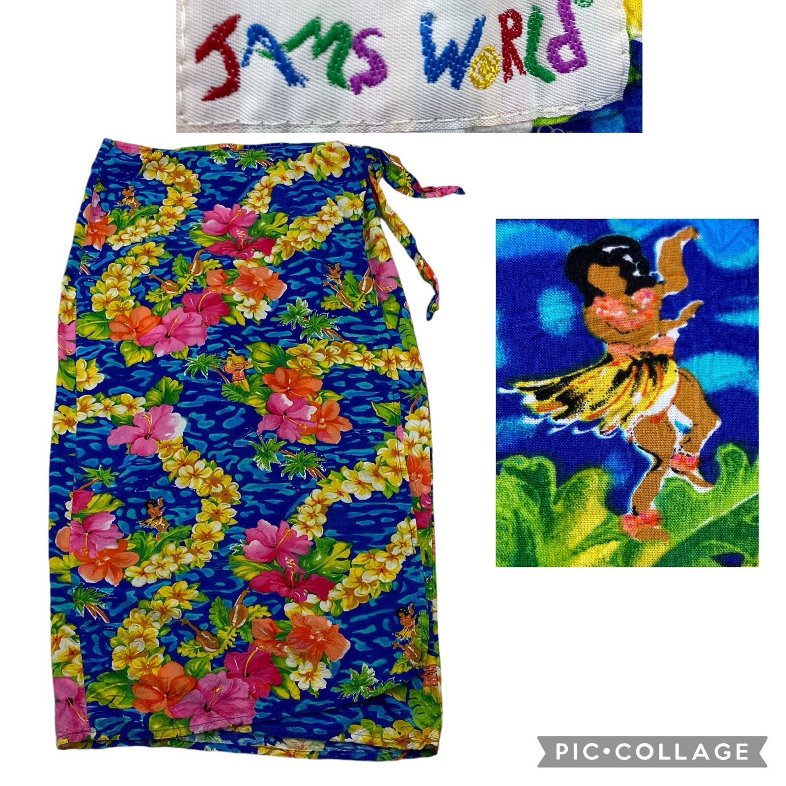 Vintage JAMS WORLD Tropical Hawaiian Hula Dancer Rayon Wrap Skirt Large USA