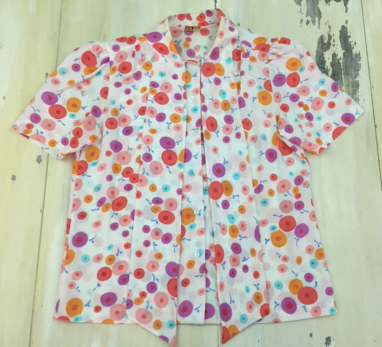 RHODA LEE – Vtg 70s Abstract Print Neck-Tie Button-up S/S Shirt, Womens Sz 10