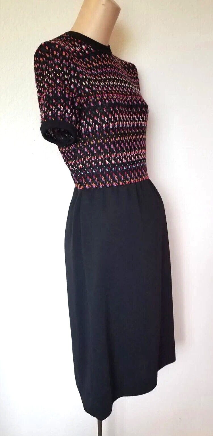 Vintage 70s LF PETITE LESLIE FAYE Black & Multicolor Knit Portion Dress Size S