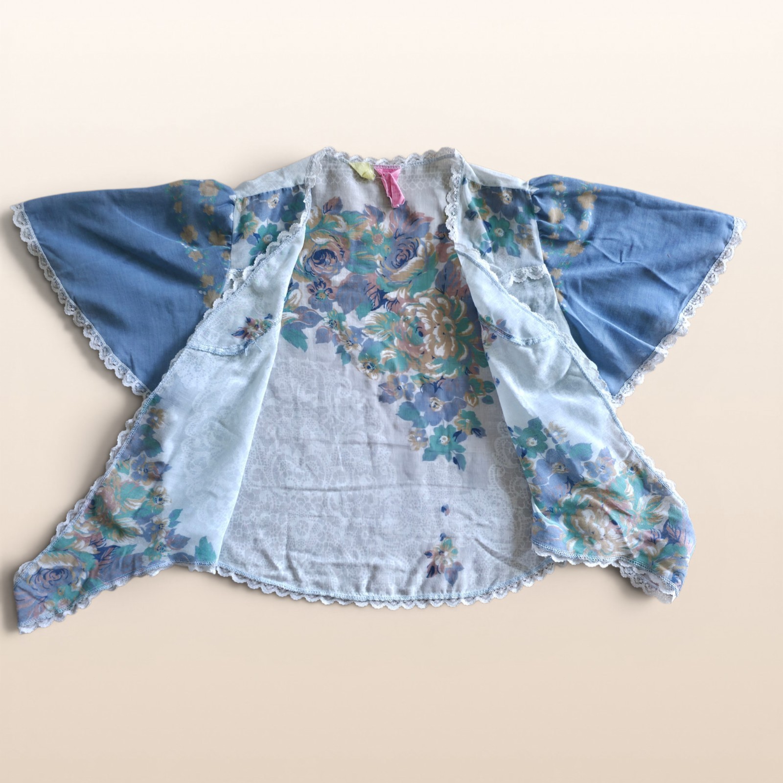 Vintage 70s Lace Tie Front Floral Lingerie Top Cal Togs Blue & White Sheer