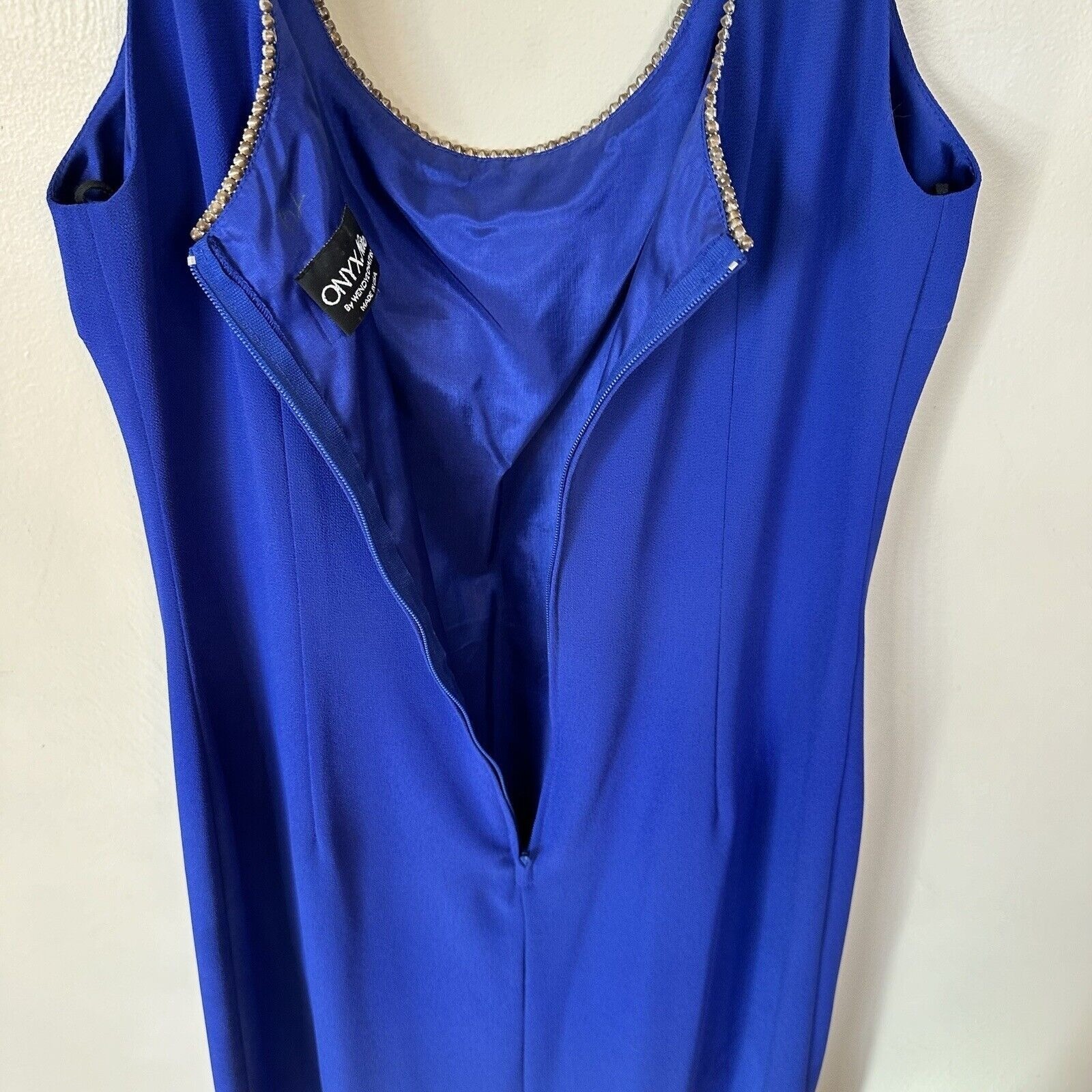 Vintage 90’s Onyx Nite Royal Blue Formal Mini Dress 8 Medium Rhinestone Evening