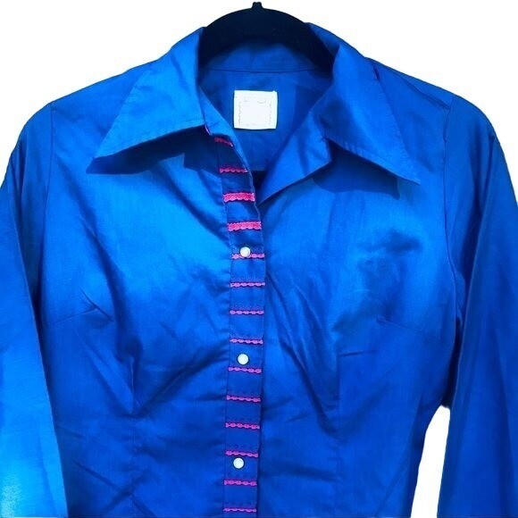 Vintage Karman Western Wear Lantern Sleeve Blue Red Embroidery Button Down Shirt