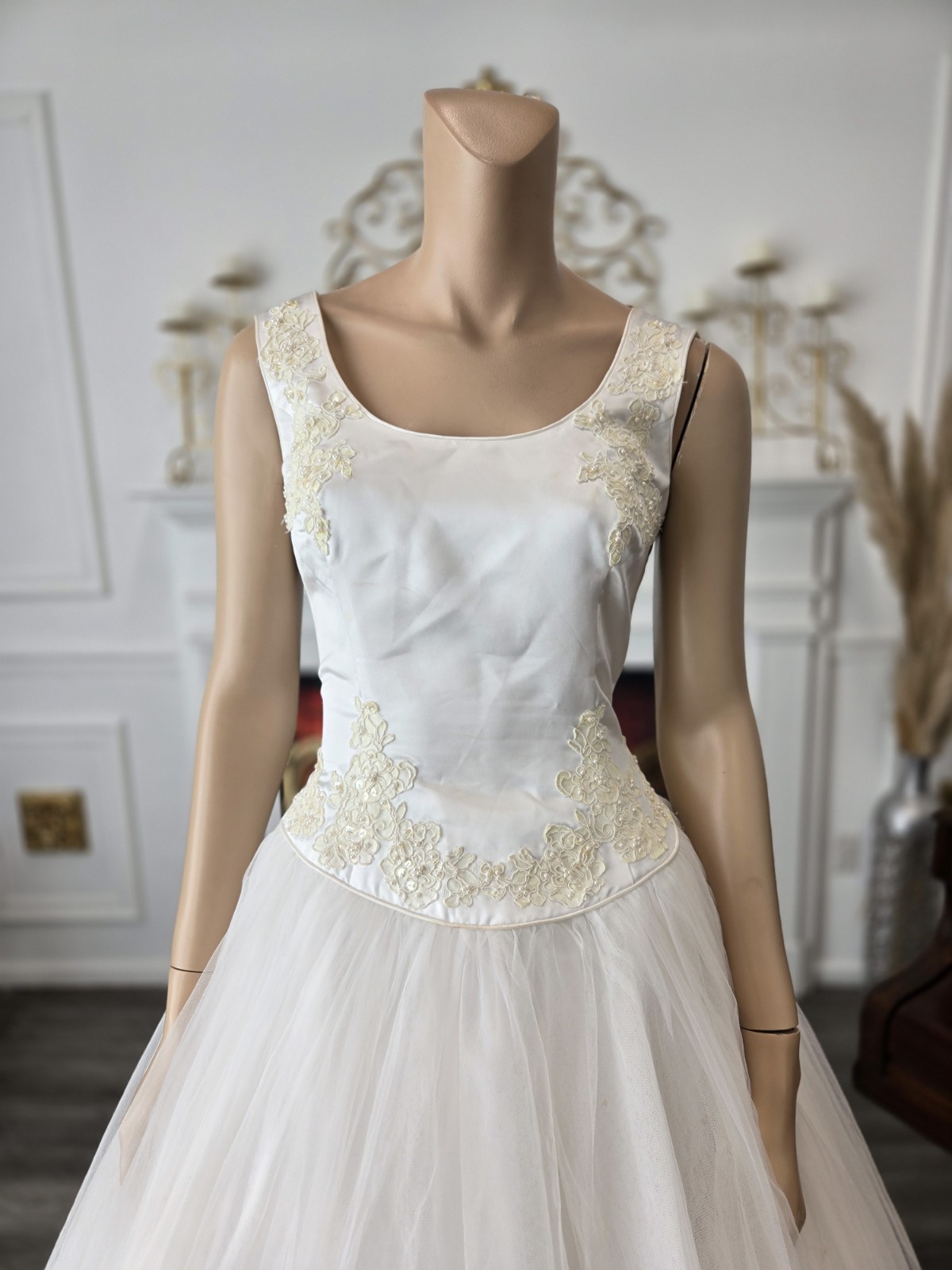 Unbranded Vintage 90s White Tulle Ivory Alencon Lace Corset Wedding Dress sz 12