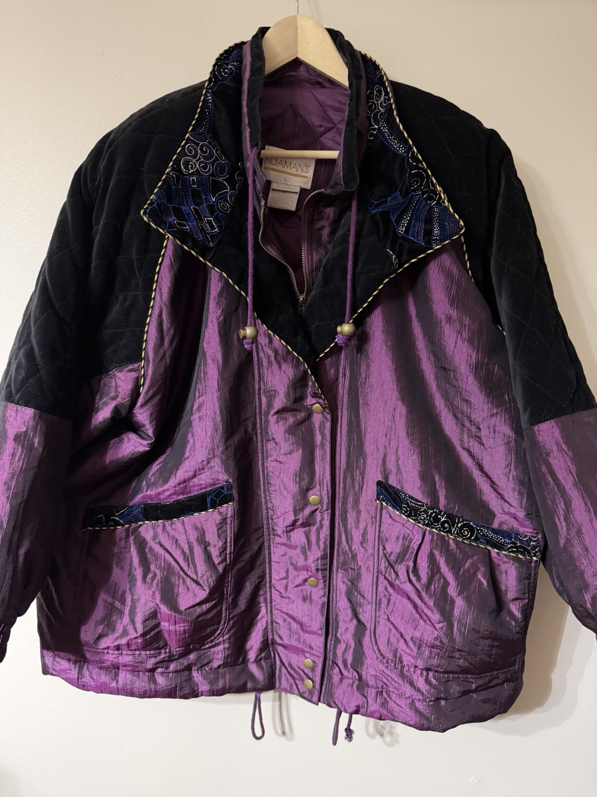 Vintage 80s Roaman’s Purple Black Velvet Oversize Fit Bomber Jacket Coat 1X-2X-3