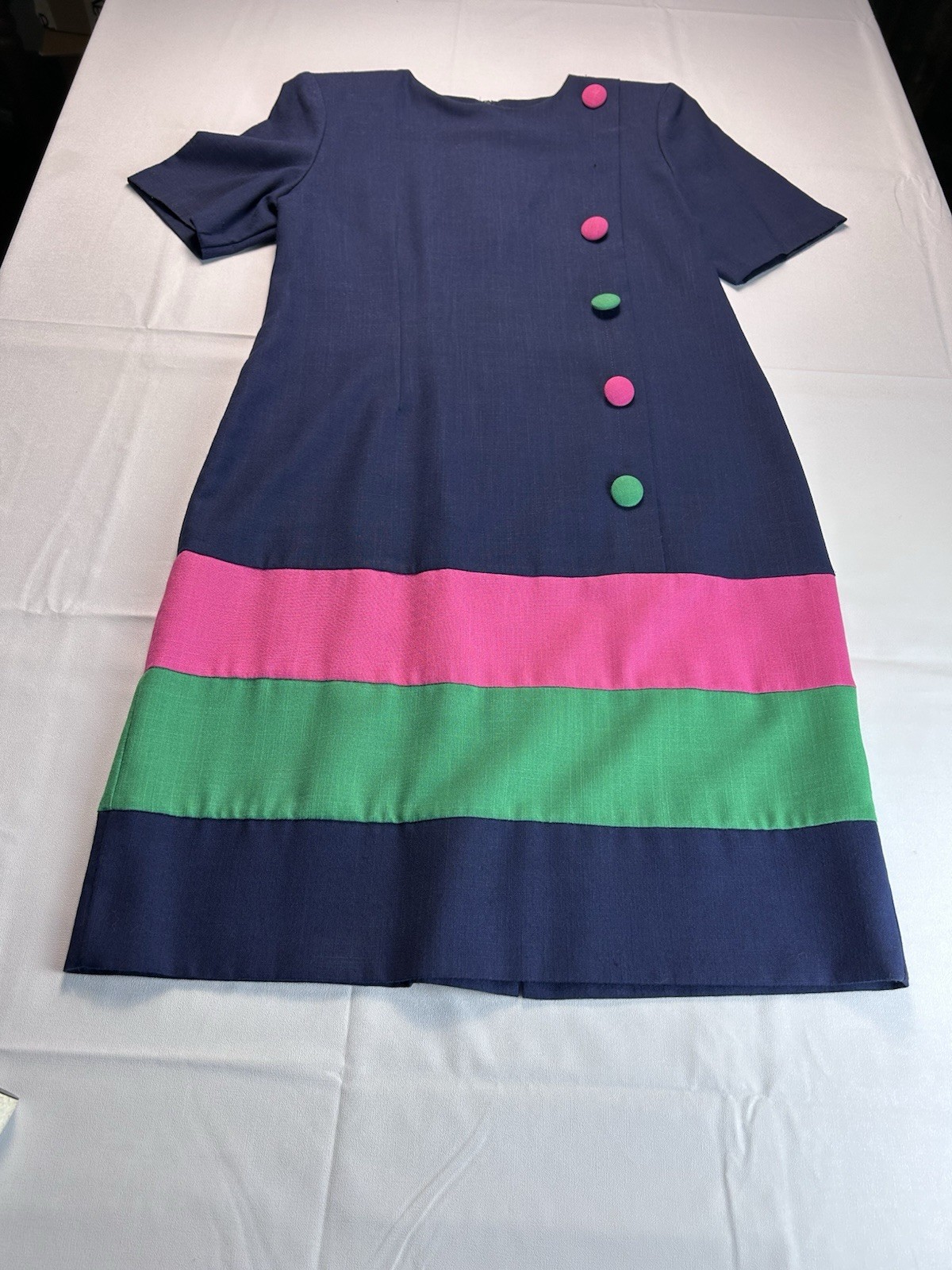 Vintage Willow Ridge Colorblock Shift Dress 8P Navy Pink Green USA Made 80s