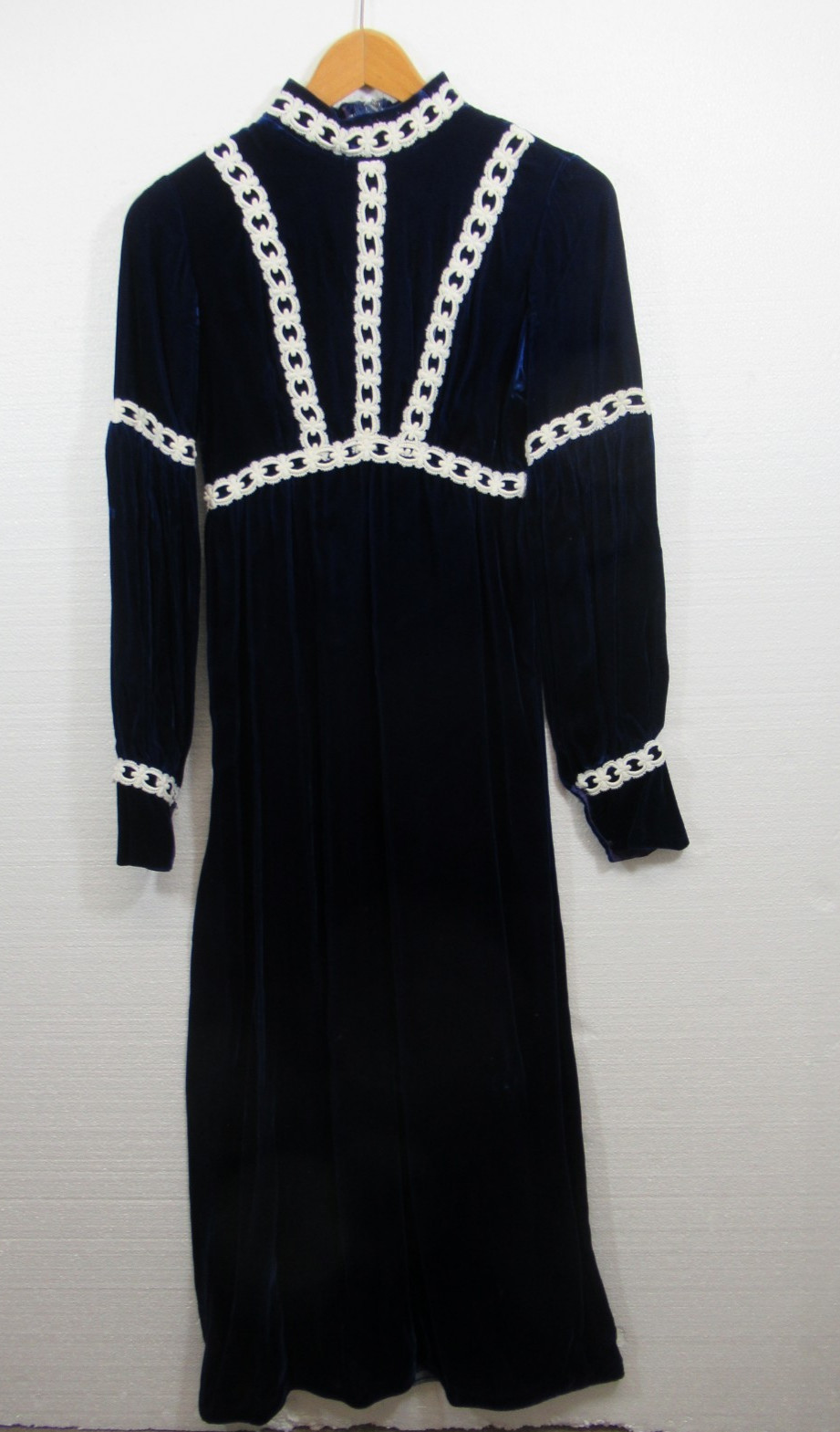 Vintage 70s Edwardian Revival Blue Velvet Dress Handmade High Neck