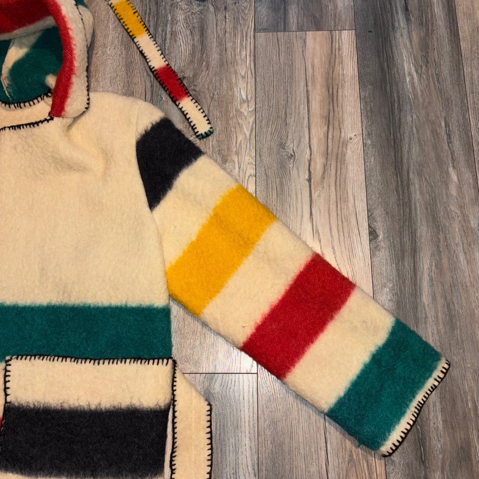 Vintage Handmade Hudson Bay Style Wool Blanket Coat Multi Stripe Hooded Belted