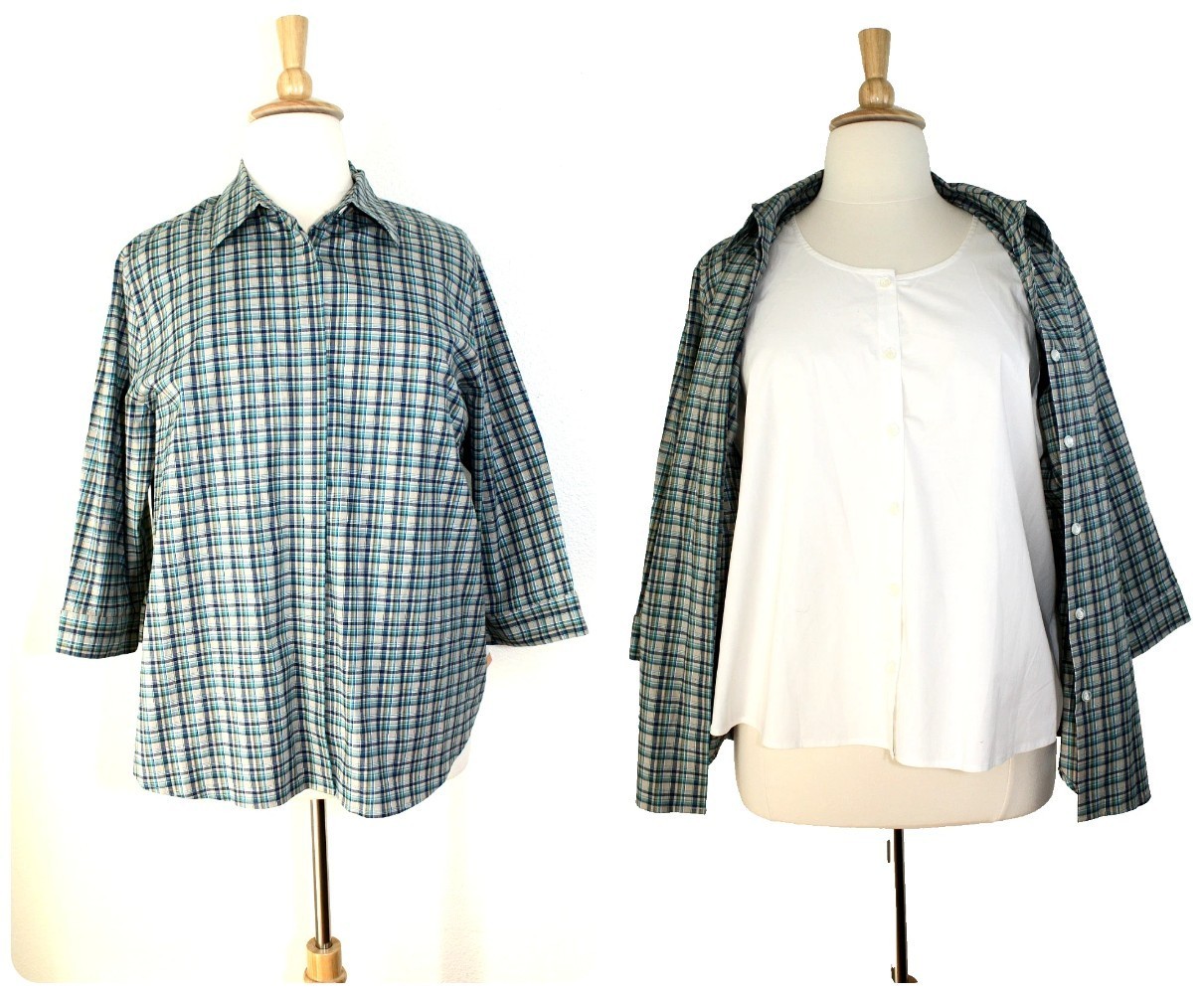 VTG NWT NOTATIONS SPORT Casual Top Blouse Double Front White Blue Plaid ~ 2X #03