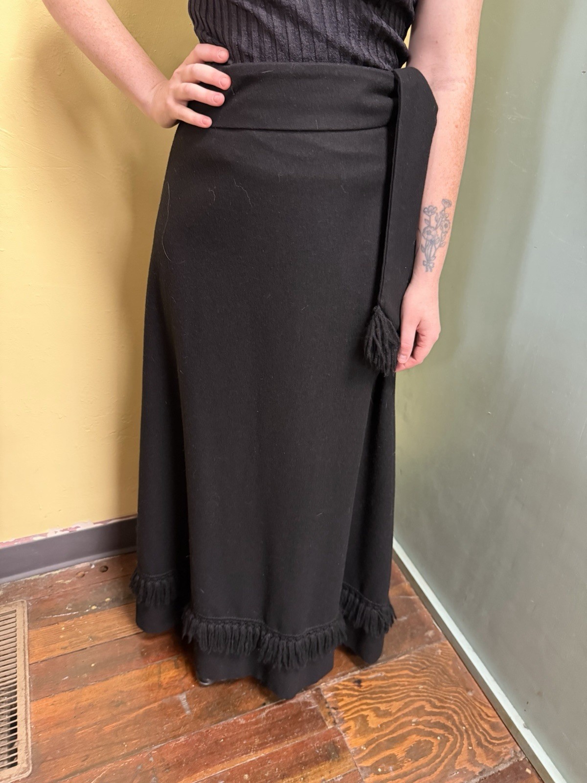 Vintage 70s Prestige of Boston Black Wool Fringe Skirt S