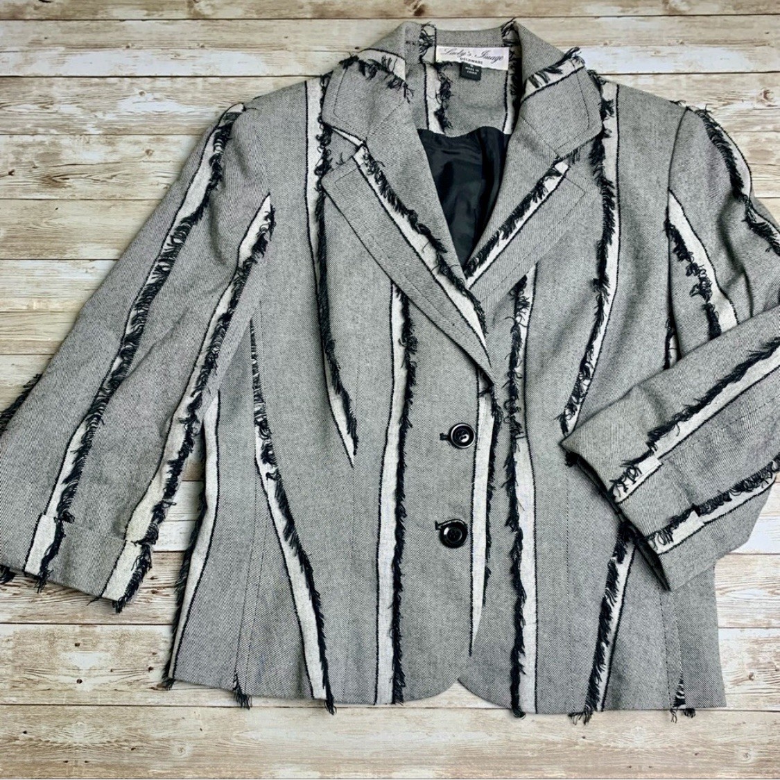 Vintage 80s Blazer Jacket Grey Gray White Stripes With Black Eyelash Mat Sz 8
