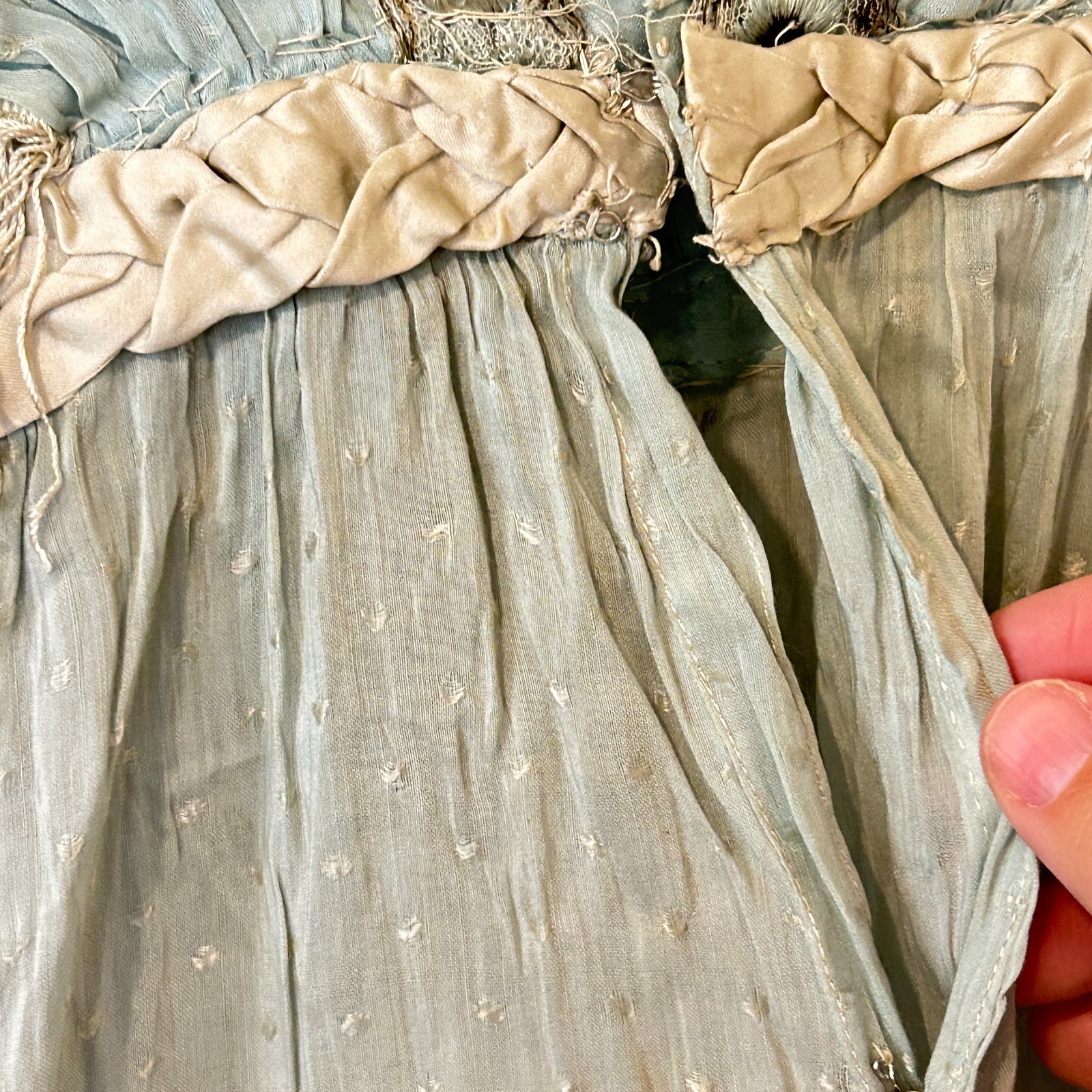 READ AS IS Antique Edwardian Blue Dress Fringe Trim Embroidered Study Fragile