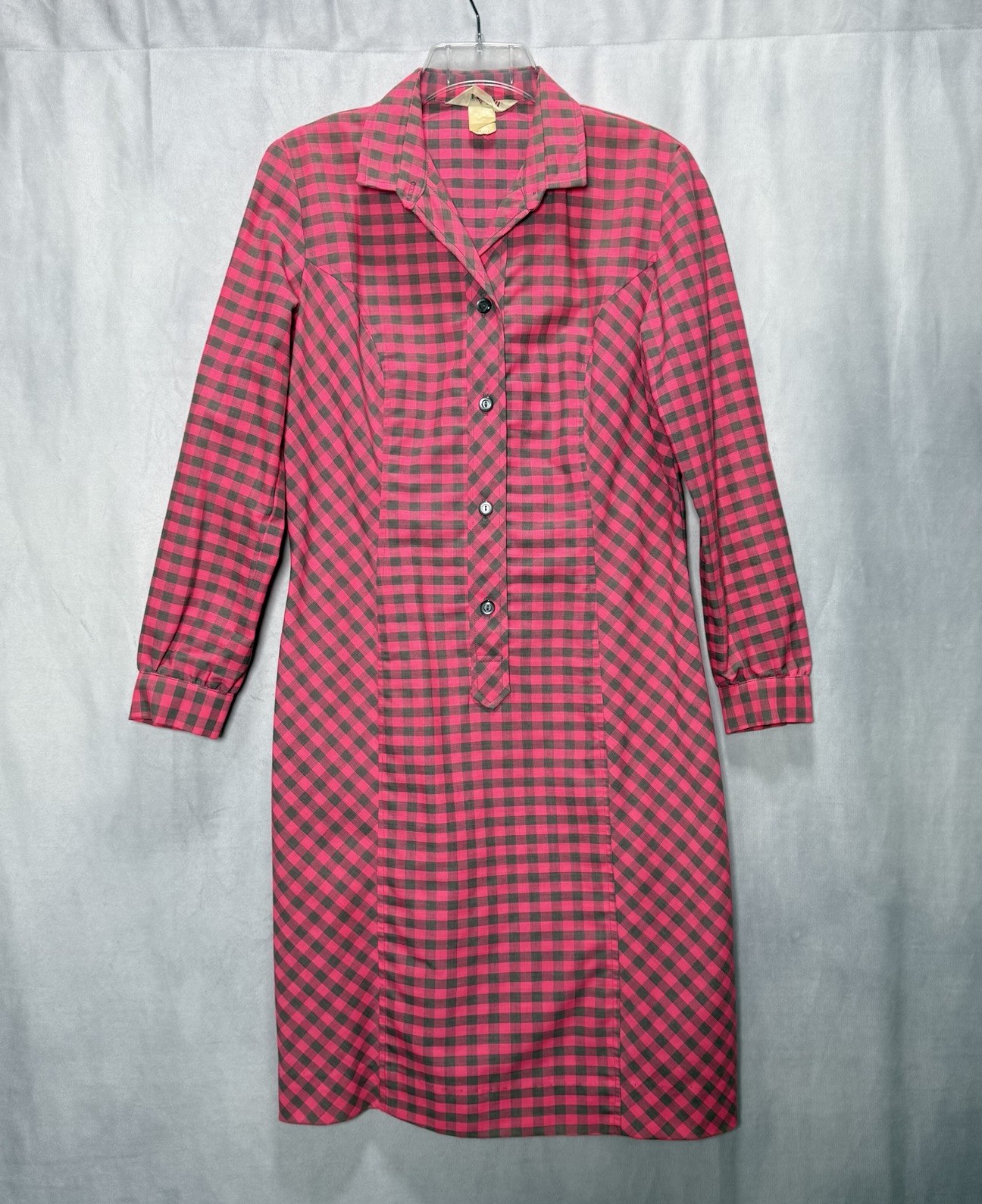 Vintage Stockton Pink Gray Shirt Dress Gingham Dacron/Cotton Size 11/12 AS-IS