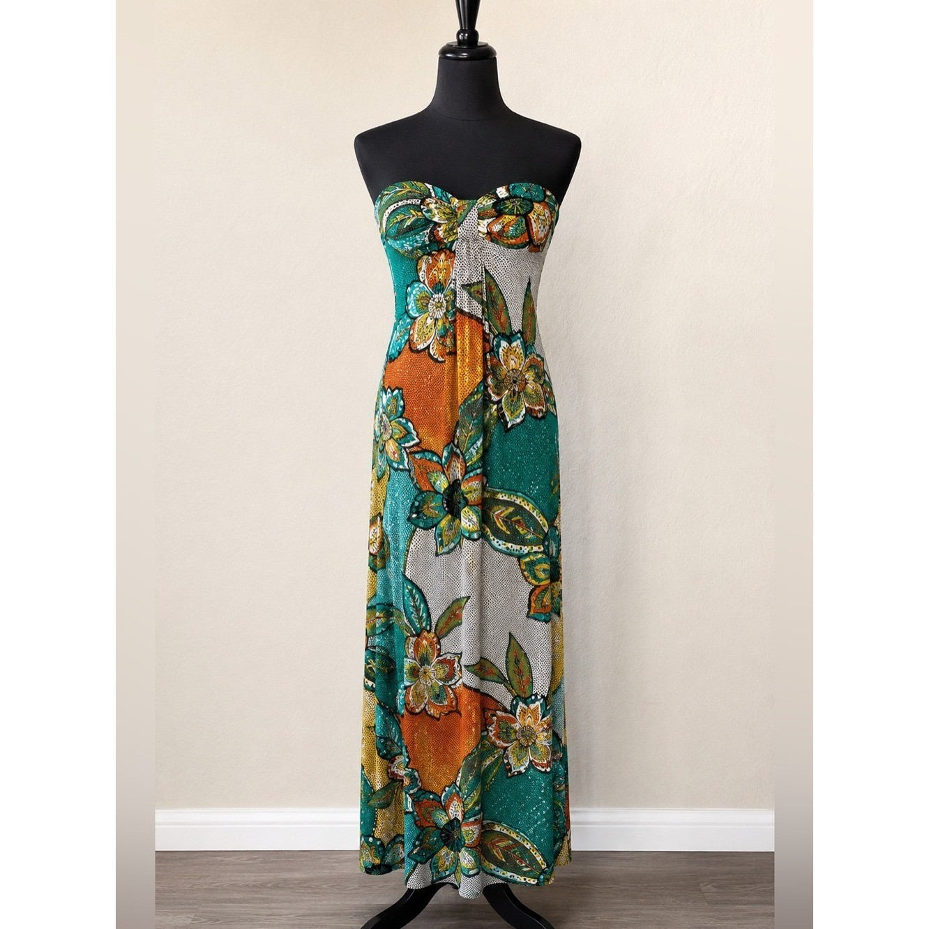 Vintage Y2K Sequin Hearts Strapless Tropical Floral Maxi Dress Made in USA